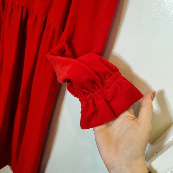 Vintage 70s Girls Sz Medium Christmas Velvet Maxi Dress Red Peter Pan Collar - Picture 5 of 11